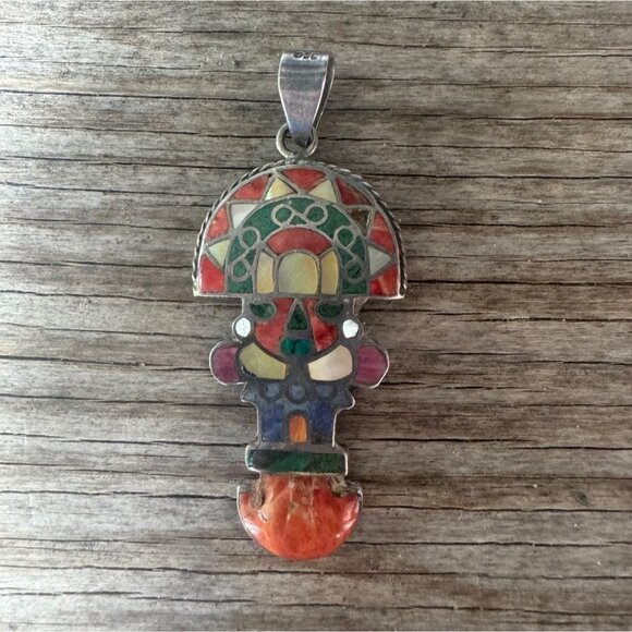 Vintage 950 Silver Tribal Figure Multi Stones Pendant - Picture 2 of 7